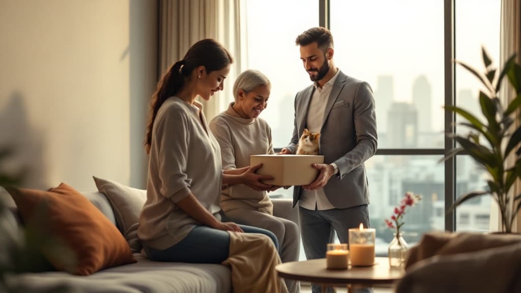 A caring professional delivering pet memorial keepsake to a family in their home