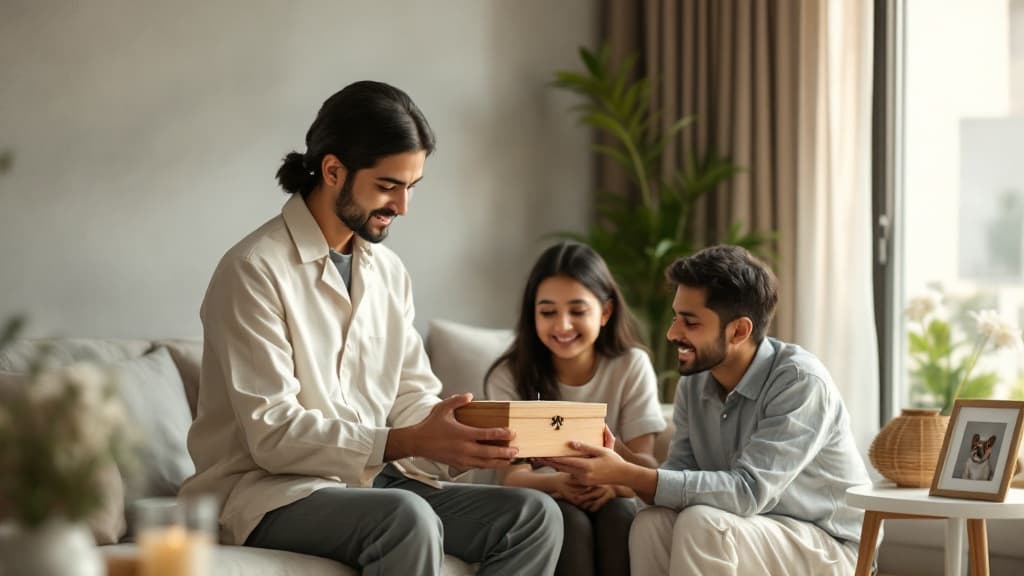 Family sharing a meaningful moment while receiving a personalized pet memorial keepsake